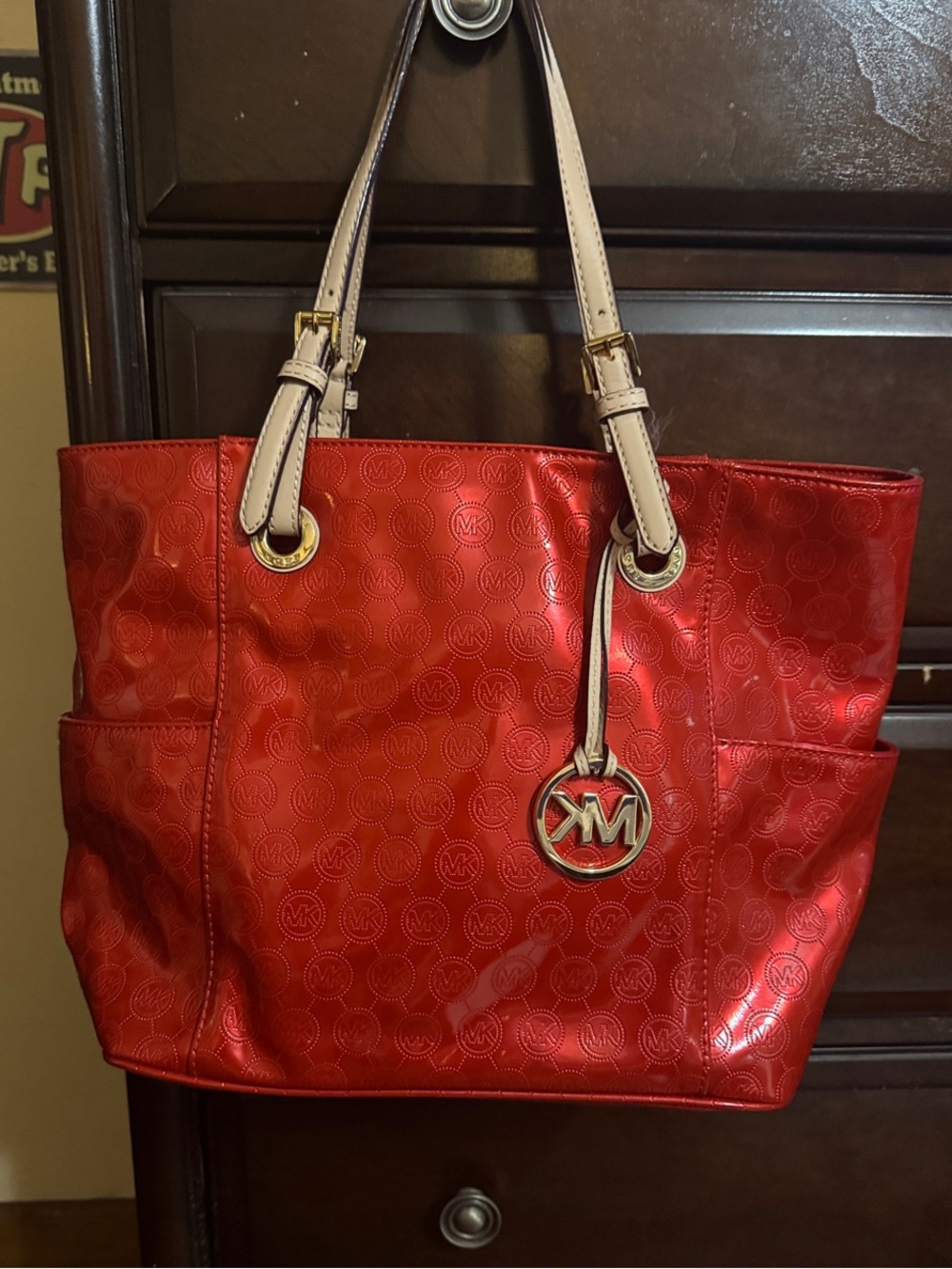 Michael Kors Red Tote with Cream Top Handles and Gold Charm